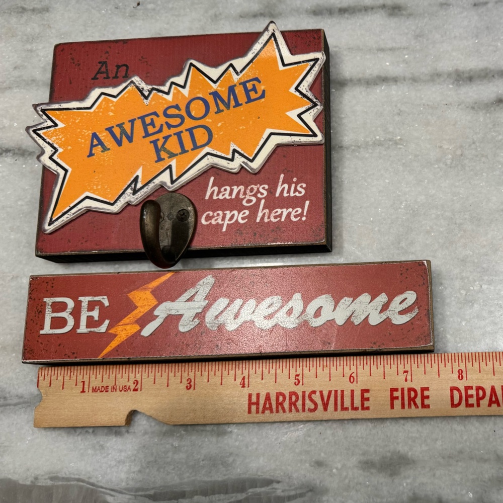 "Awesome Kid" Red Wooden Key Holder and "Be Awesome" sign